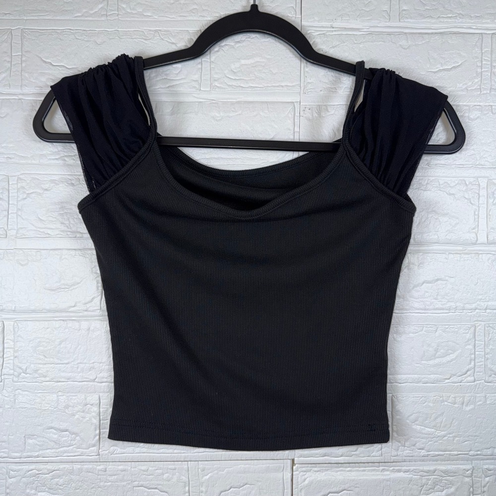 Ribbed Crop Top Women Small Black Mesh Cap Sleeve Scoop Neck Edgy Goth